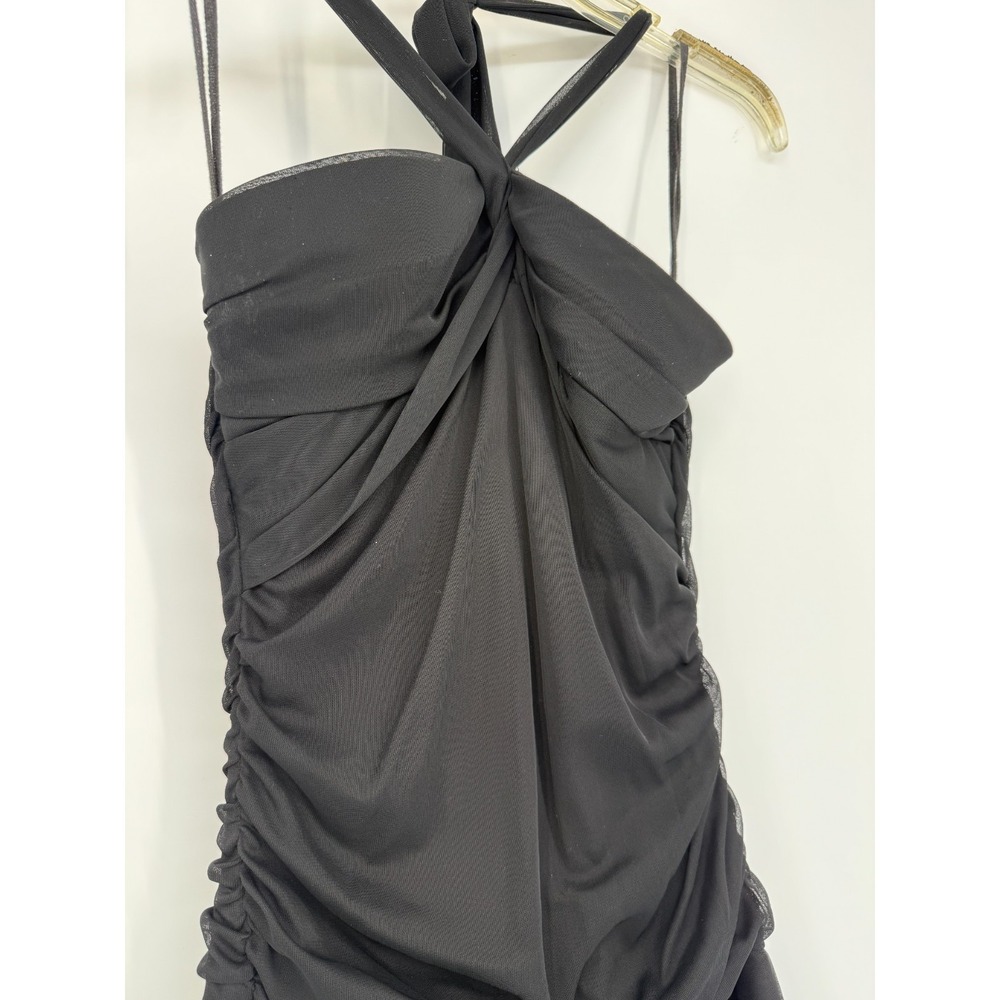 Y2K Halter Dress M Black Ruched Goth Glam Clubwear Asymmetrical Mesh Hem Evening - Picture 4 of 13